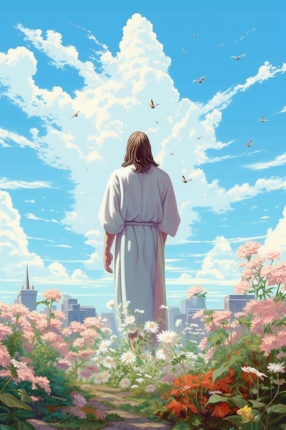 Photo a painting of a man in a white robe standing in a field of flowers generative ai