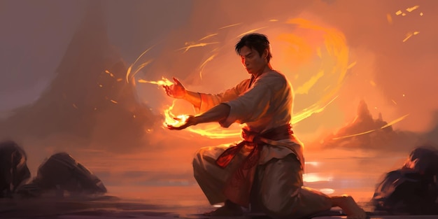 Painting of a man in a white shirt holding a fire ball generative ai