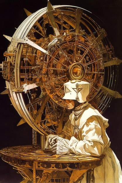 A painting of a man in a white suit with a helmet and a large object in the background.