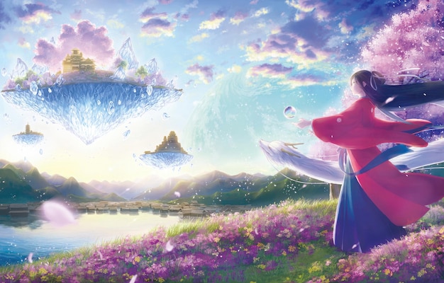 a painting of a man with an angel in front of him