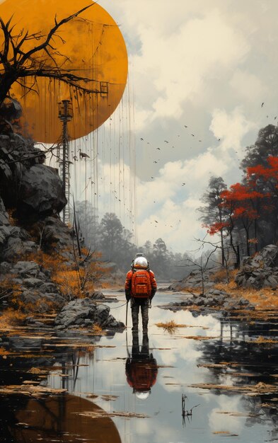 Painting of a man with a backpack walking in a river generative ai