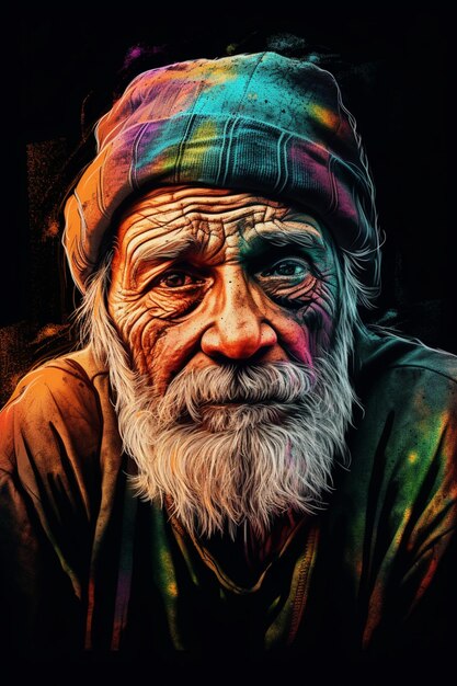 Painting of a man with a beard and a colorful hat generative ai