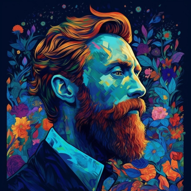 ひげと花の背景を持つ男性の絵画