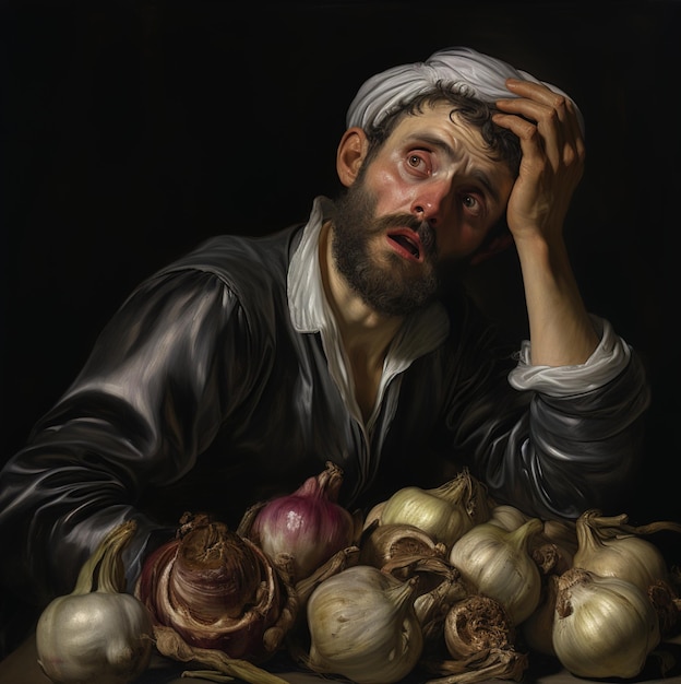 a painting of a man with a beard and a head with onions in it.