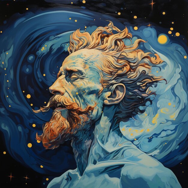 painting of a man with a beard and a mustache in a blue space generative ai