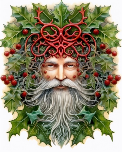 a painting of a man with a beard and a wreath of holly leaves generative ai