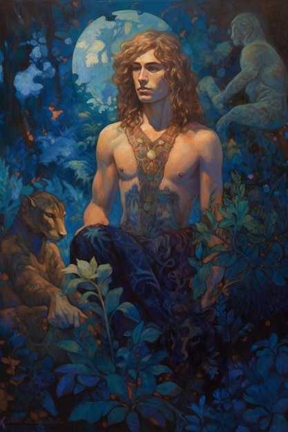 A painting of a man with a blue dress and a gold necklace.