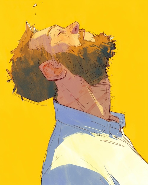 a painting of a man with a blue shirt that says  the word  on it