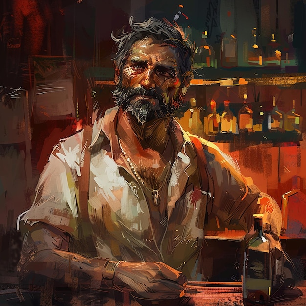 a painting of a man with a bottle of alcohol in front of him