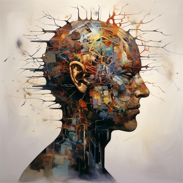 Painting of a man with a brain made of multiple parts generative ai