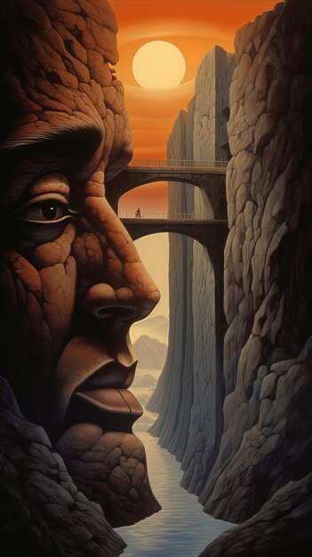 a painting of a man with a bridge in the background