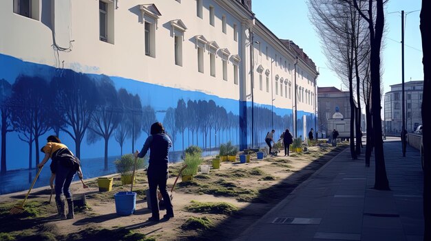 Photo a painting of a man with a bucket of plants and trees