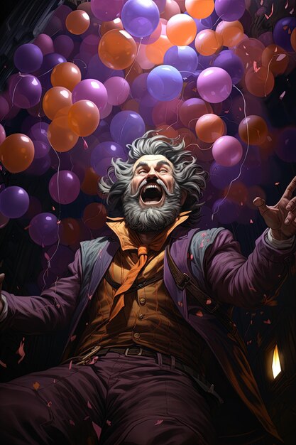 Photo a painting of a man with a bunch of balloons in the background