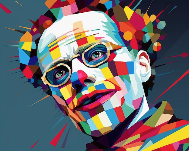 a painting of a man with colorful hair and glasses