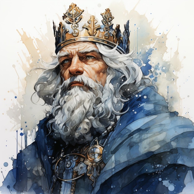 왕관과 수염을 가진 남자가 파란 옷을 입고 있는 그림