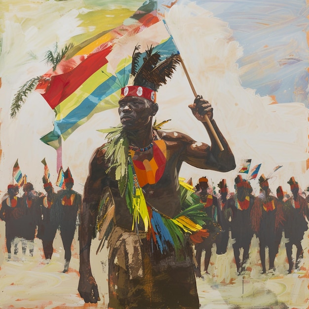 Photo a painting of a man with a feather on his head and a flag in the background