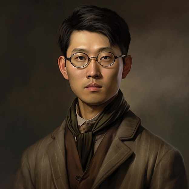 A painting of a man with glasses and a brown jacket.