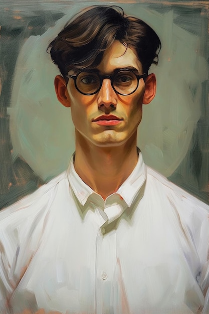 A painting of a man with glasses and a white shirt that says'the word'on it