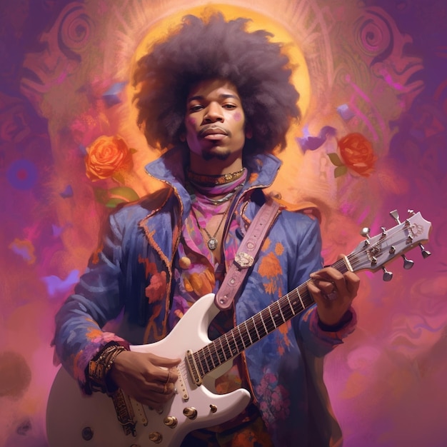 painting of a man with a guitar in a purple background generative ai