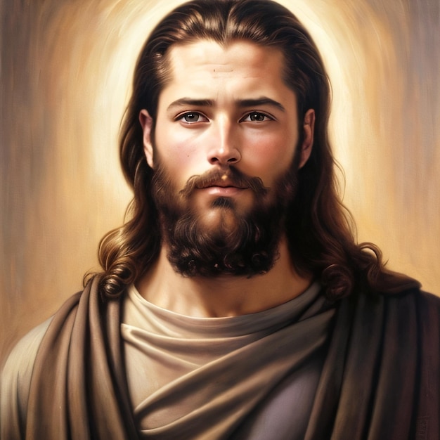 A painting of a man with a halo and a beard.