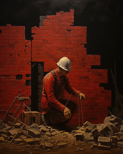 a painting of a man with a hard hat on.