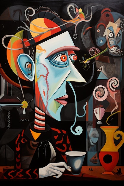 painting of a man with a hat and a cup of coffee generative ai