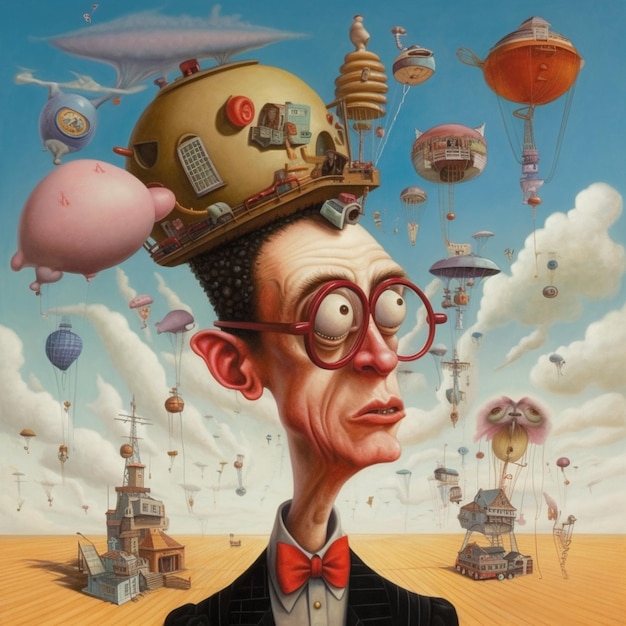 A painting of a man with a hat on his head and a bunch of balloons in the background.