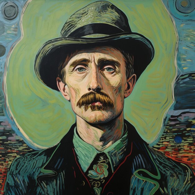 Photo painting of a man with a hat and a mustache in a green background generative ai