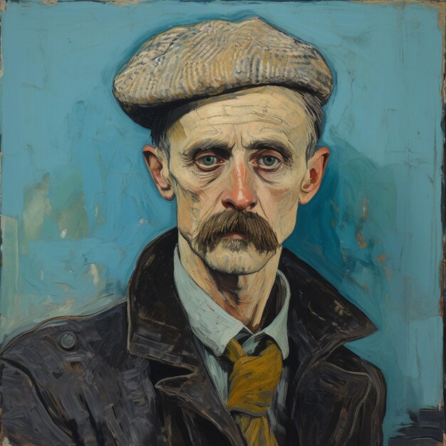 파란색 배경에서 모자와 타이를 입은 남자의 그림