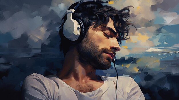 painting of a man with headphones on his head generative ai