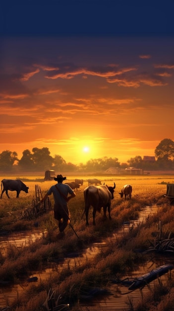 картина мужчины со стадом крупного рогатого скота в поле генеративный ai