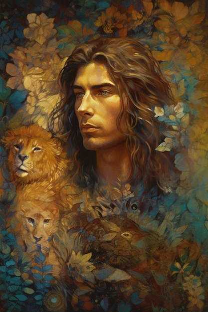 A painting of a man with a lion on his head