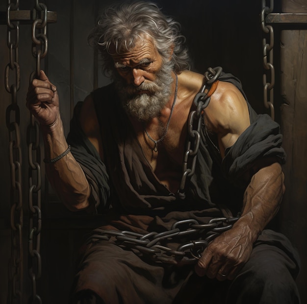 a painting of a man with a long beard and a chain around his neck.