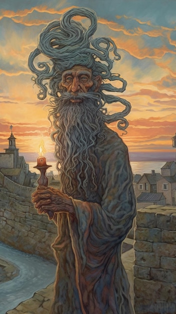 A painting of a man with a long beard and a long white beard holding a candle.