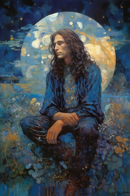 A painting of a man with long hair and blue shirt.