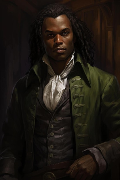 Photo a painting of a man with long hair and a green jacket