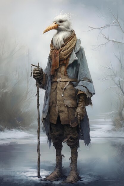 a painting of a man with a long stick and a hat with a long stick