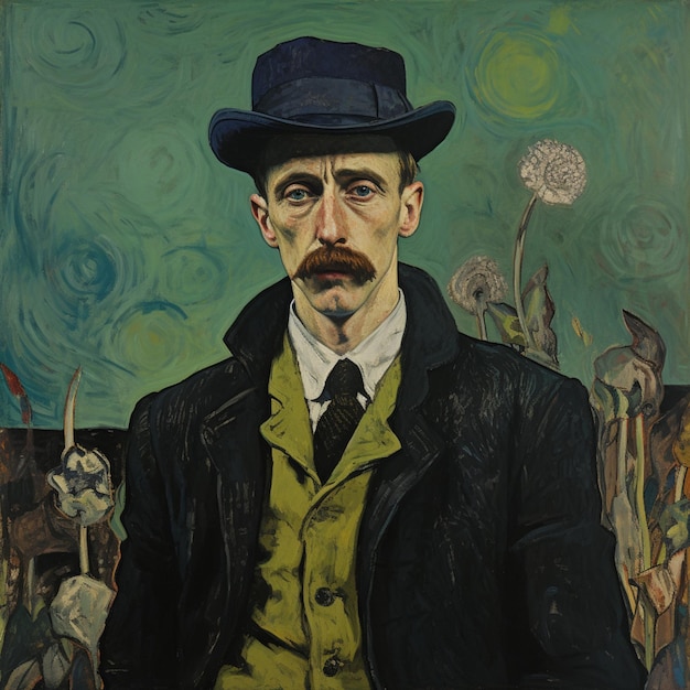 Foto dipinto di un uomo con baffi, gilet verde e cappello nero ai generativi