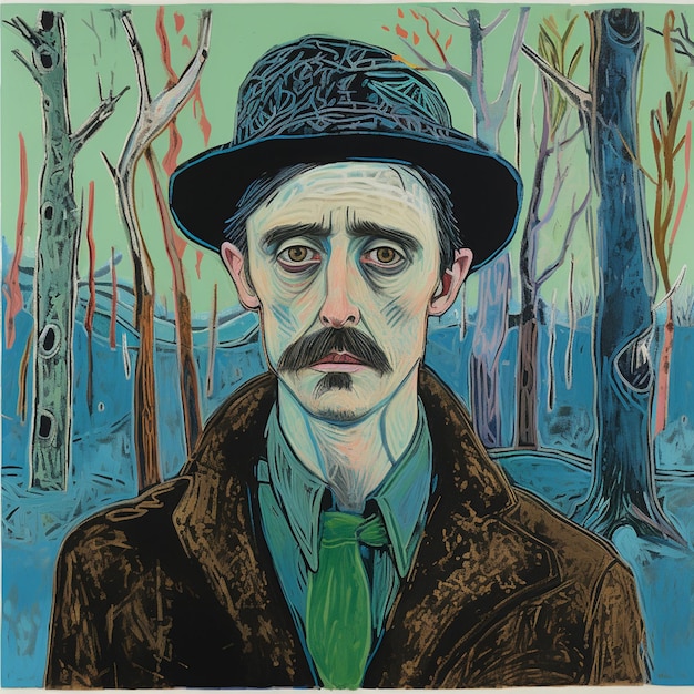 Photo painting of a man with a mustache and a hat in a forest generative ai