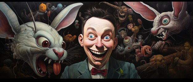 Photo a painting of a man with a rabbit in his mouth