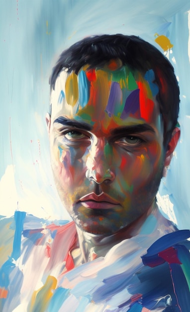 A painting of a man with a rainbow colored face.