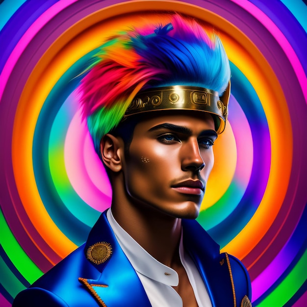 A painting of a man with a rainbow hat on his head.