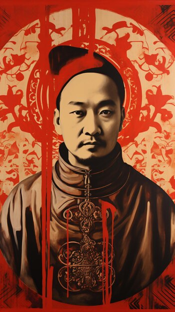 a painting of a man with a red background