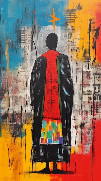 a painting of a man with a red cape on his back.