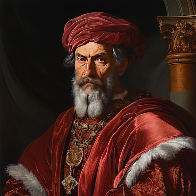 Photo a painting of a man with a red hat and a gold ring around his neck