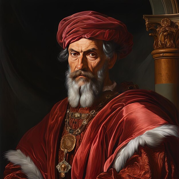 Photo a painting of a man with a red hat and a gold ring around his neck