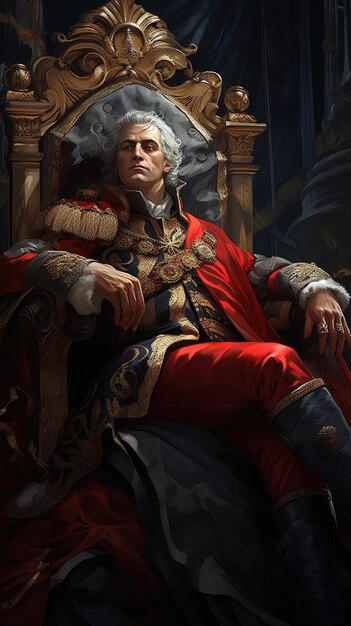 a painting of a man with a red robe and a gold and black robe sitting in a chair