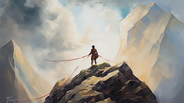 a painting of a man with a red rope holding a red rope.