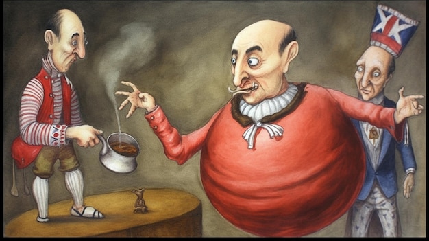 A painting of a man with a red shirt that says'the word coffee'on it