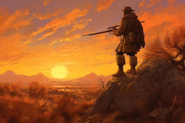 painting of a man with a rifle standing on a rock generative ai